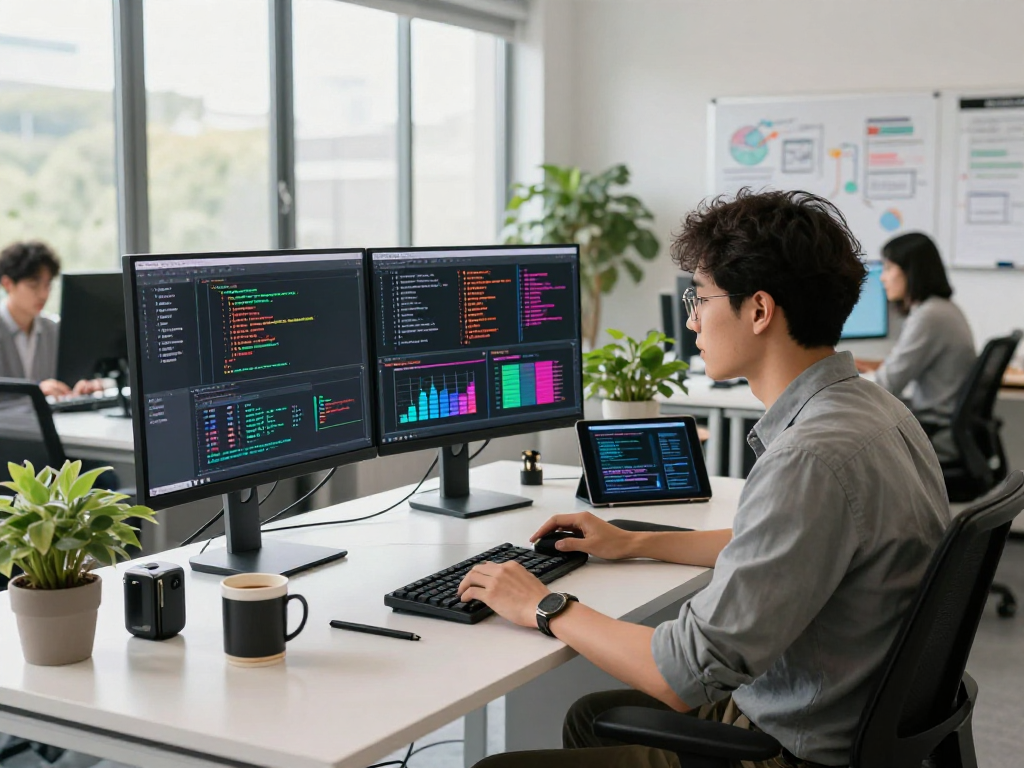Data scientist coding on dual monitors about spicy ai innovations in sleek office.