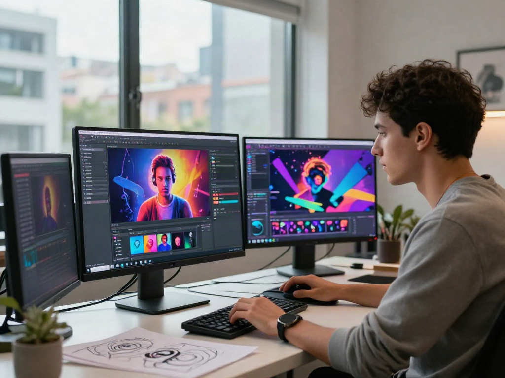 Professional using an ai porn generator software in a creative workspace with vibrant screens and urban backdrop.