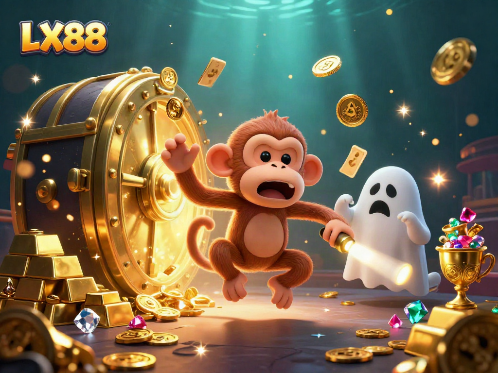LX88 showcases a mischievous poltergeist monkey and a curious ghost-hunter puppy in a vibrant casino scene.