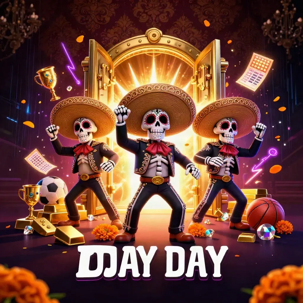 Mariachi skeleton trio bursts from a glowing treasure vault with gold, gems, neon energy, and casino flair.