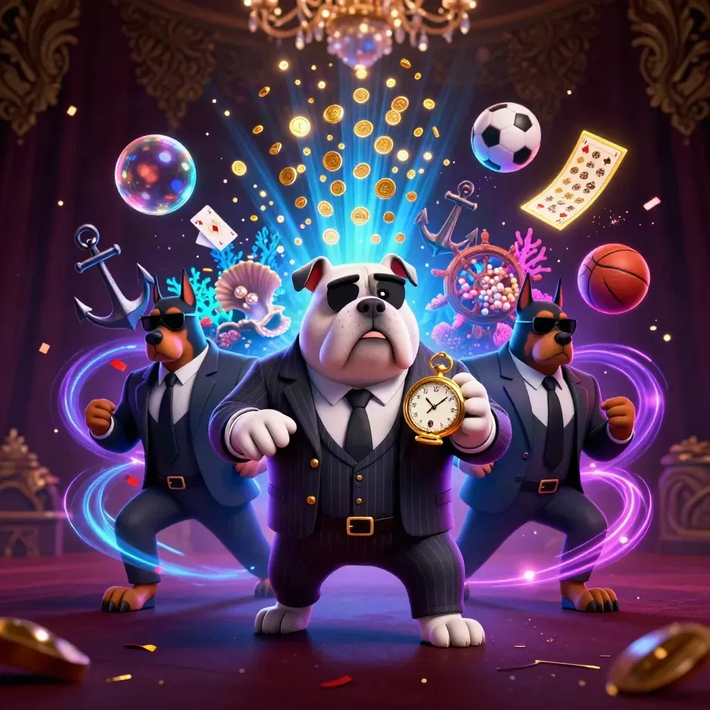 Bulldog boss and Dobermans amid coins, cards, coral, balls and neon casino treasure