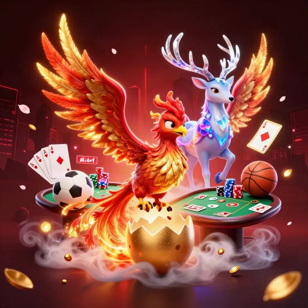Fire phoenix, baby phoenix, and crystal stag amid casino chips and sports balls, neon-lit key art.