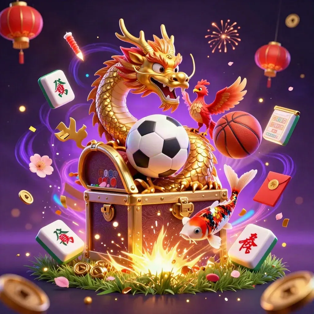 Ground-level dragon, phoenix, koi, soccer ball, coins, and neon casino glow.