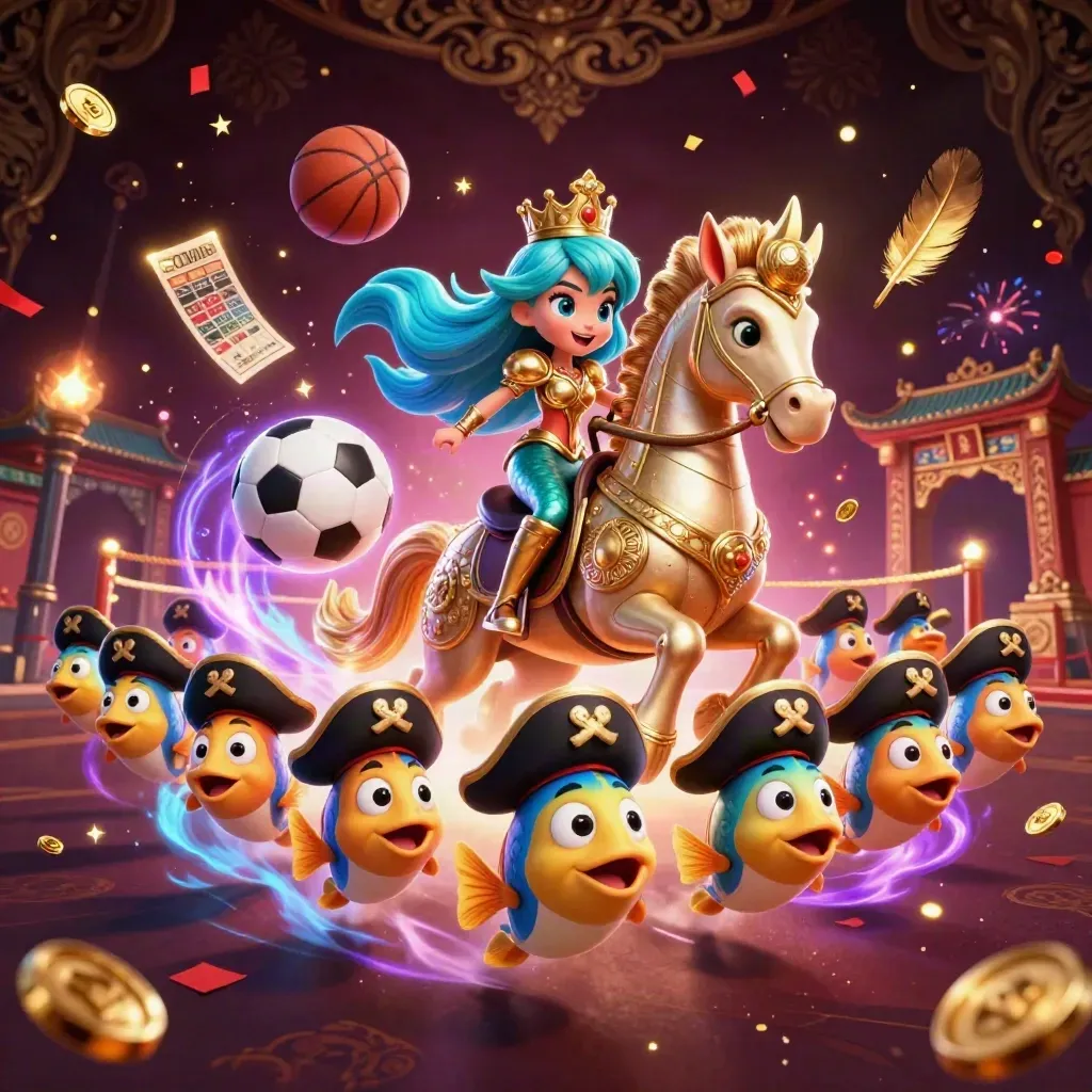 Mermaid princess rides armored seahorse amid pirate fish, casino props, sparks, and fireworks.