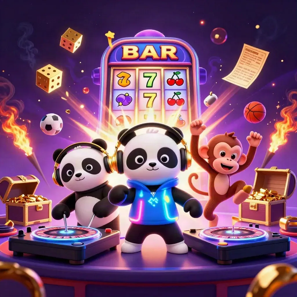 Panda DJ, monkey, and rave kitten blast through a neon casino jackpot scene.