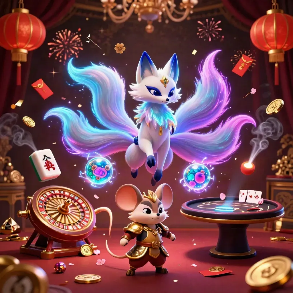 Nine-tailed fox spirit and samurai mouse amid casino luxury, lanterns, coins, and neon magic.
