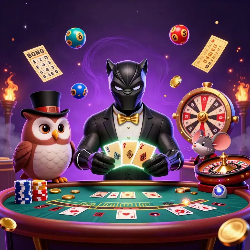 Black panther, owl and mouse amid neon casino chaos with lottery balls, roulette, tickets and gold glow.