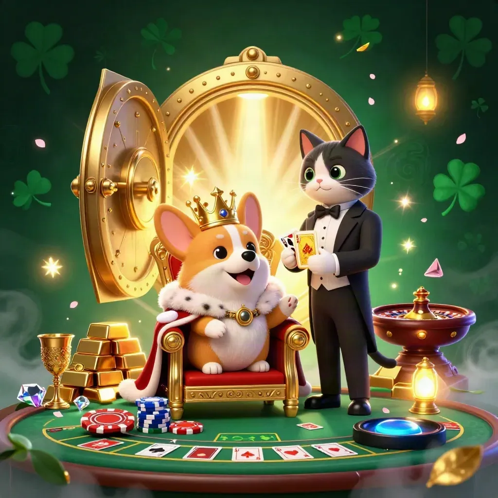 Royal corgi and cat butler in a glowing casino vault with gold, gems, and spinning roulette.