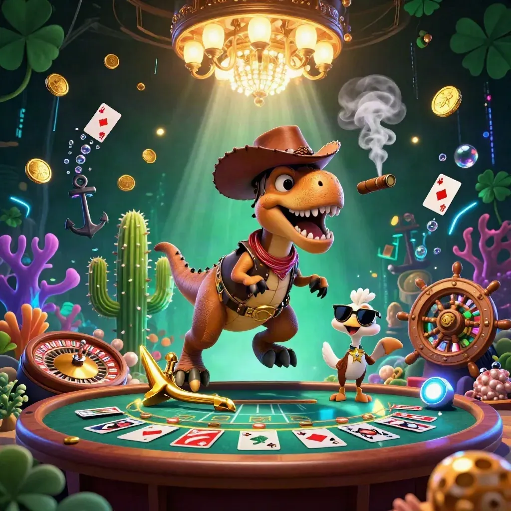 Cowboy T-Rex, cactus and roadrunner in neon casino treasure glow with spinning wheel and cards.