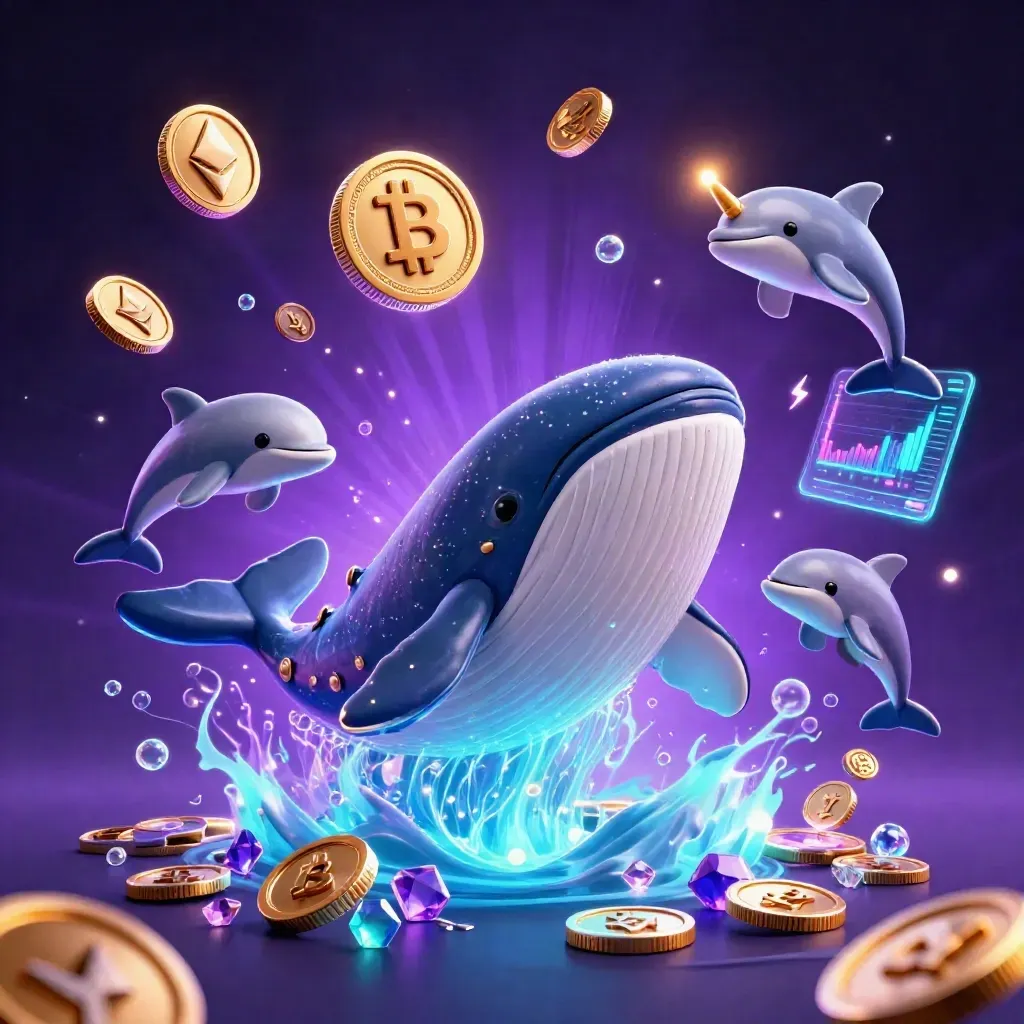 Captain whale, narwhal, and dolphins burst through coins with neon crypto energy