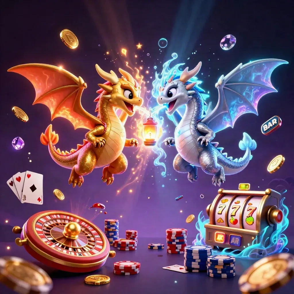 Twin gold and silver dragons swirl in neon casino chaos with coins, cards, reels, and glowing energy.