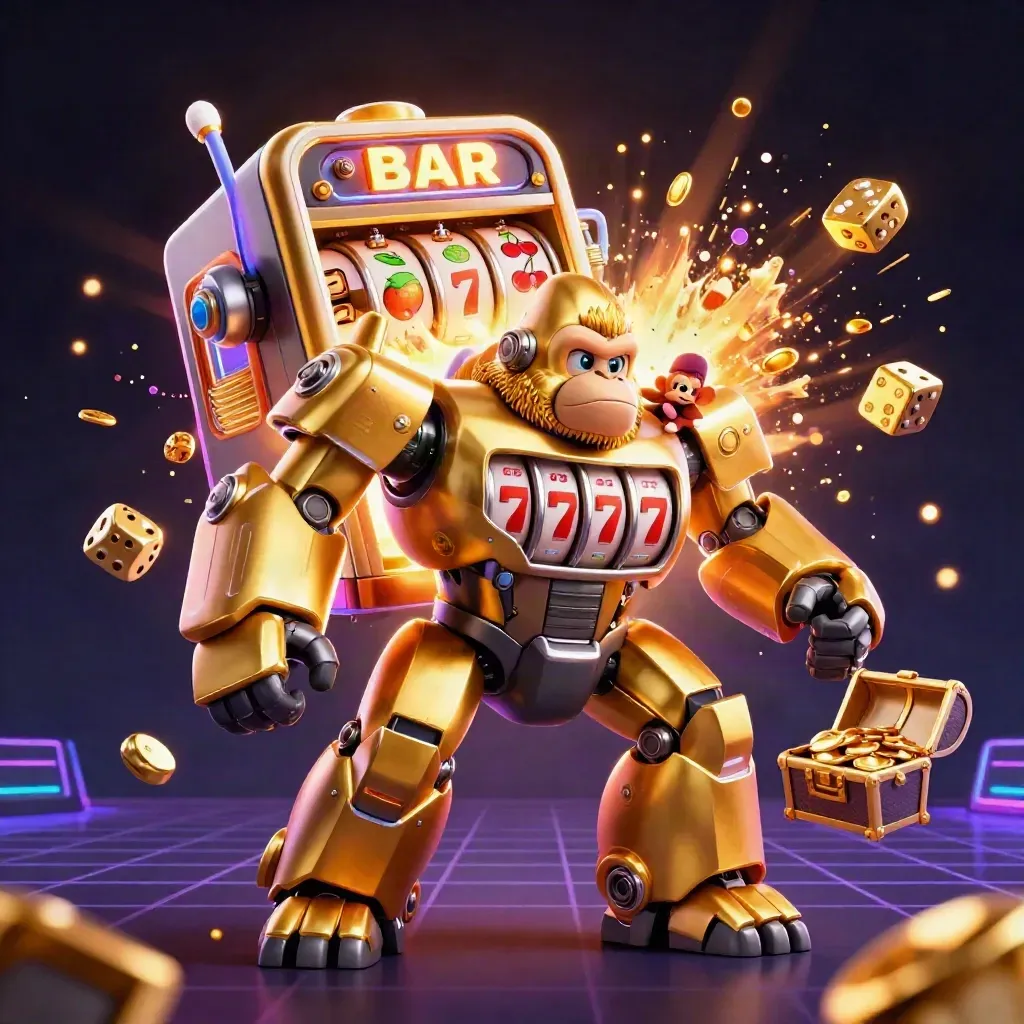 Golden gorilla mech with monkey pilot, exploding slot symbols, treasure, and neon casino lighting