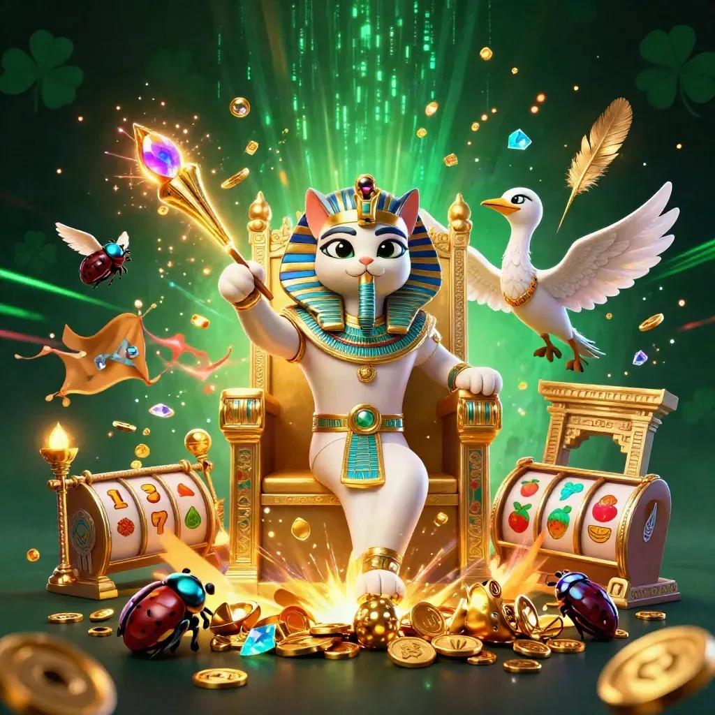 Pharaoh cat, ibis scribe, and gem-winged scarabs amid treasure, neon energy, and casino fantasy chaos