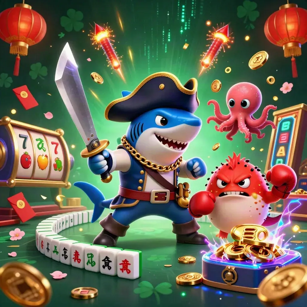 Shark pirate, boxing pufferfish, and juggling baby octopus amid casino loot and neon effects.