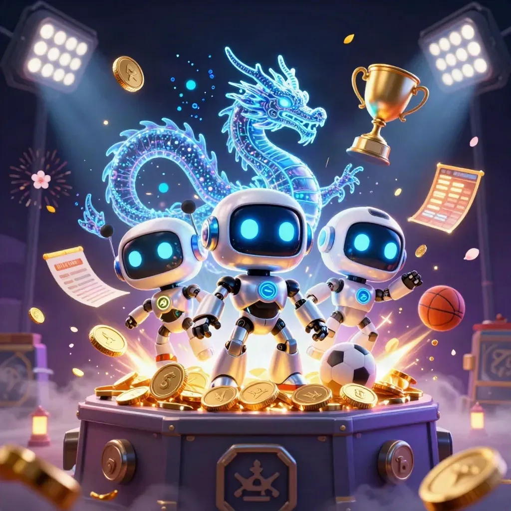 Cyberpunk robot, holographic dragon, and coin drone burst through gold coins under fireworks.