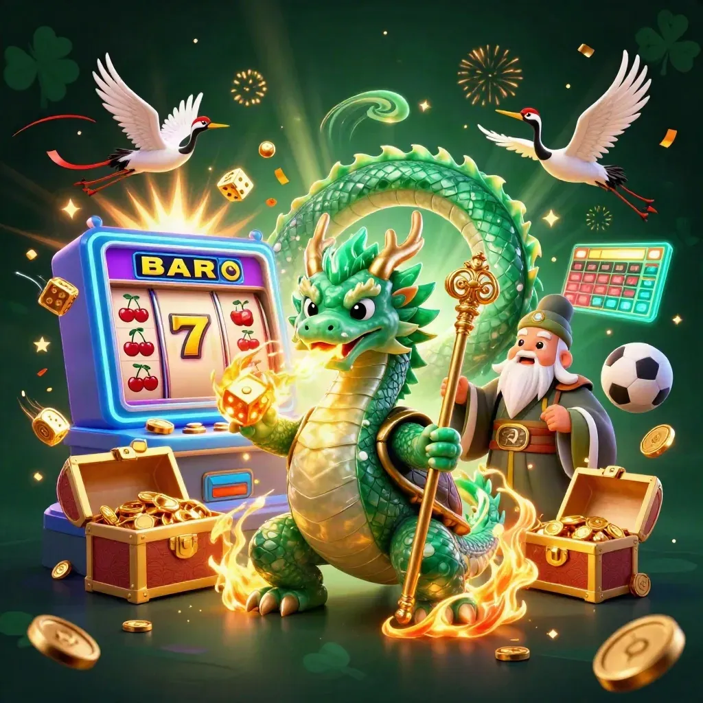 Jade dragon, turtle sage, and cranes amid casino gold, slot burst, coins, and fireworks.