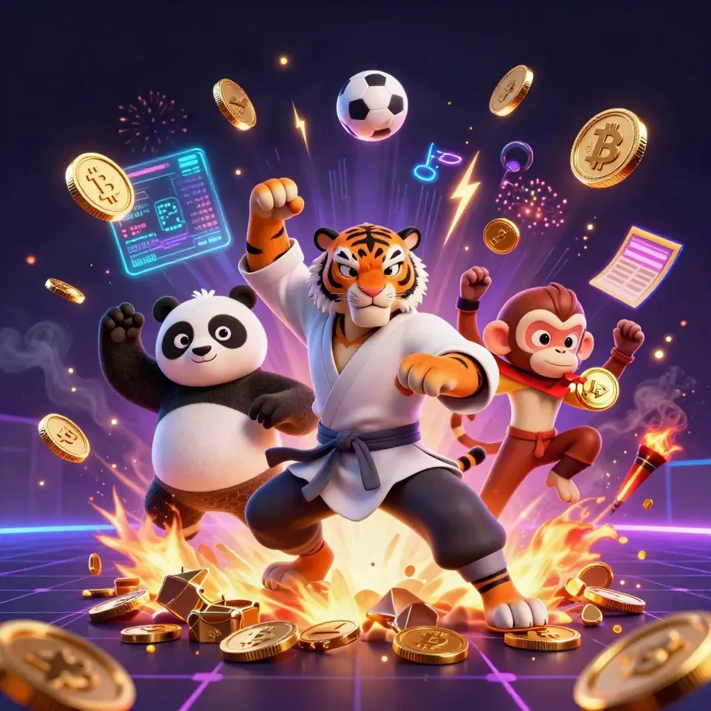 Kung-fu tiger, panda, and monkey celebrate amid coins, crypto icons, fireworks, and neon casino energy.