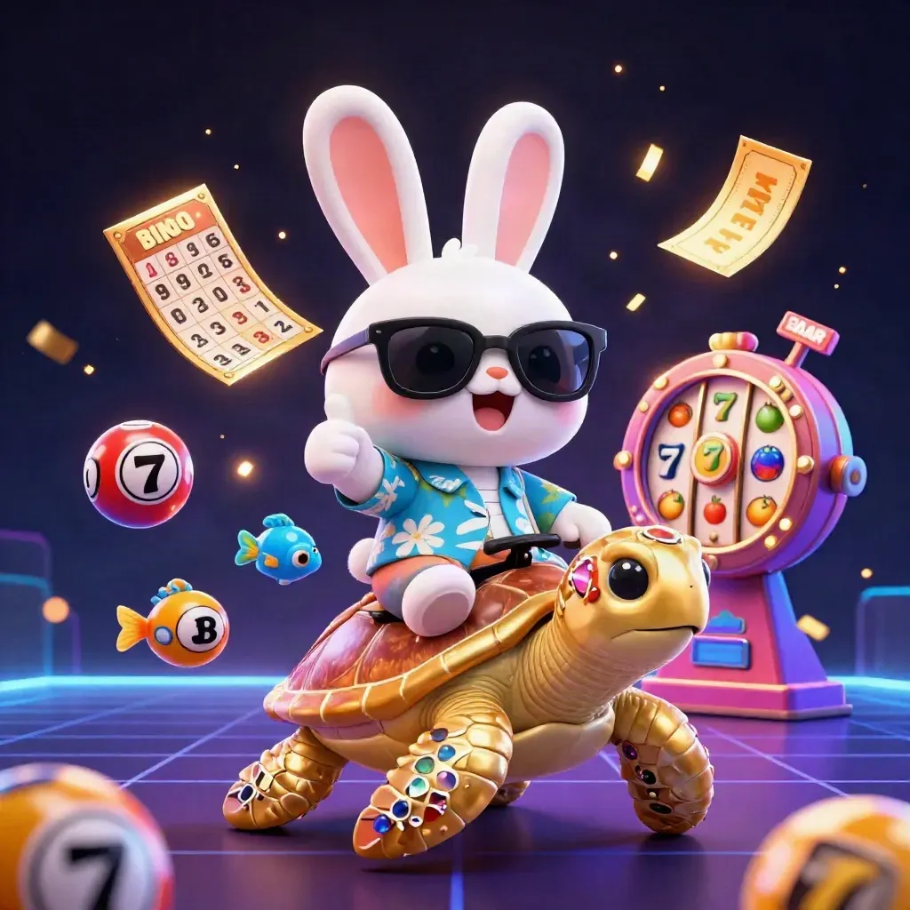 Lucky rabbit on golden turtle amid lottery balls, bingo card, prize wheel, and neon casino sparks
