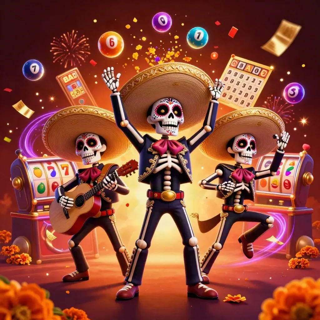 Day-of-the-Dead skeleton mariachi trio amid spinning reels, lotto balls, and neon casino effects.