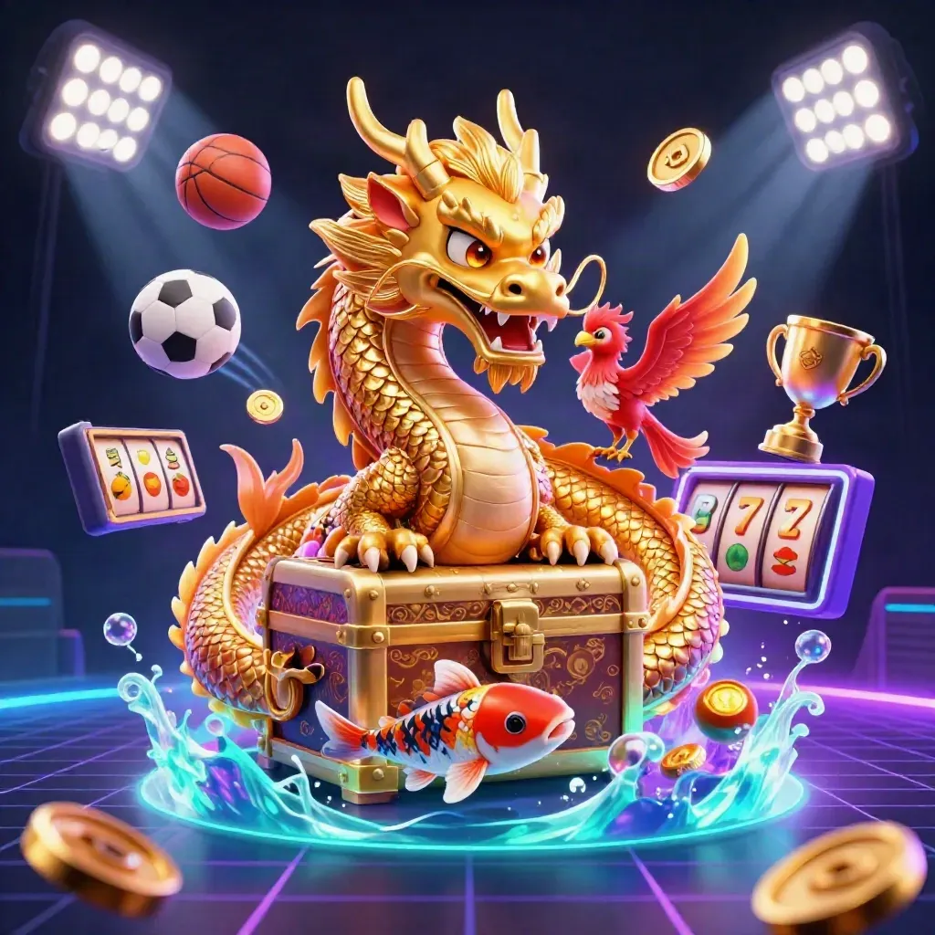 Golden dragon, phoenix, and koi amid casino and sports effects in neon light.
