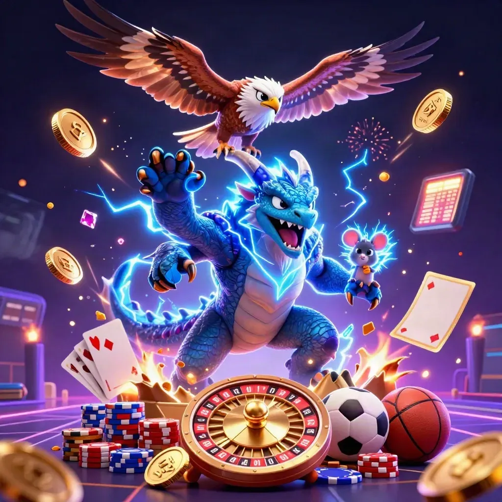 Thunder dragon, wind hawk, and crackling mouse burst from a vault with coins, gems, roulette, and fireworks.