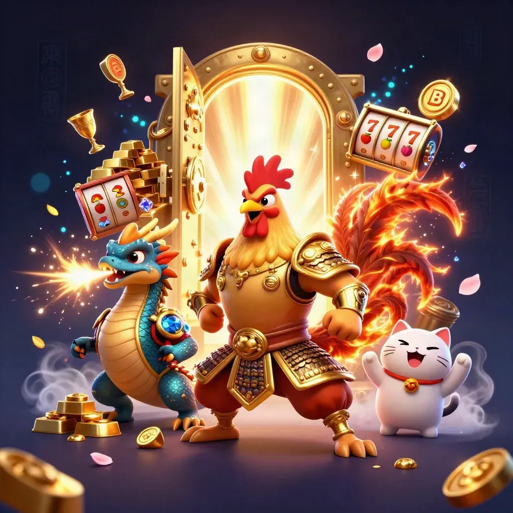 Rooster warrior, dragon hatchling, and fortune-cat burst from a glowing vault amid casino loot.