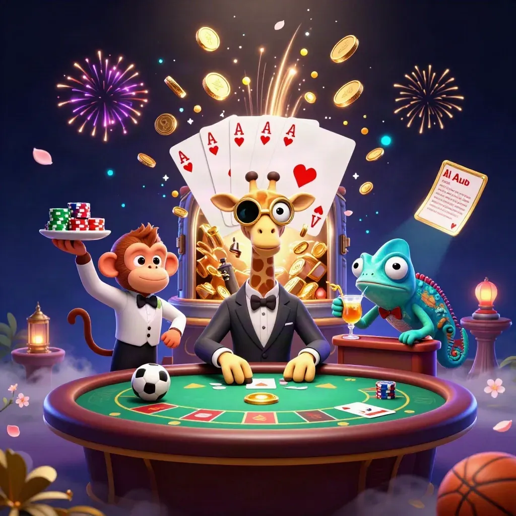Giraffe, monkey, and chameleon at a glowing poker table amid coins, fireworks, and casino props.