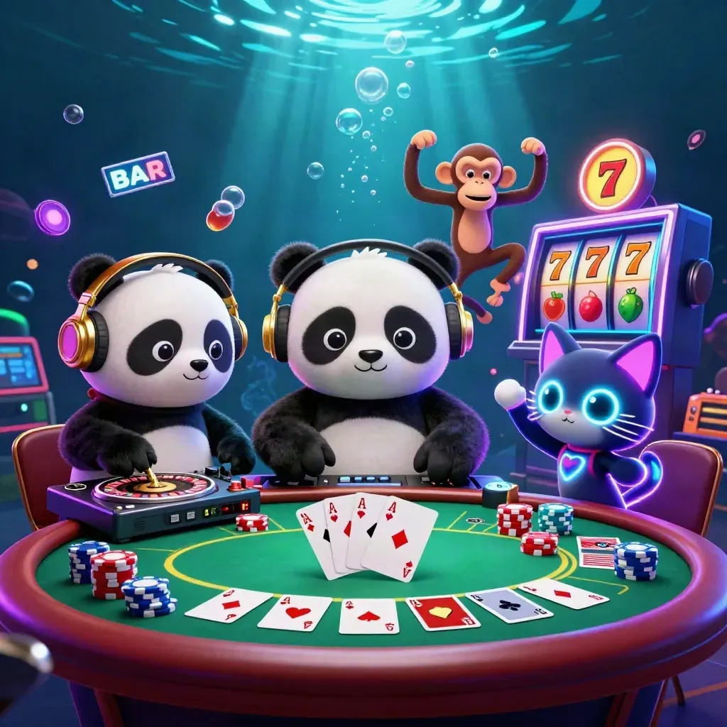 Three cartoon casino heroes DJing and dancing amid chips, cards, and glowing underwater neon.