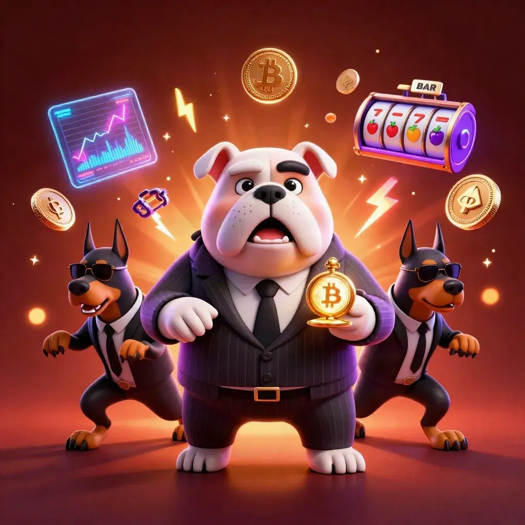 Bulldog mob boss with two Dobermans, neon casino crypto energy, dramatic glow