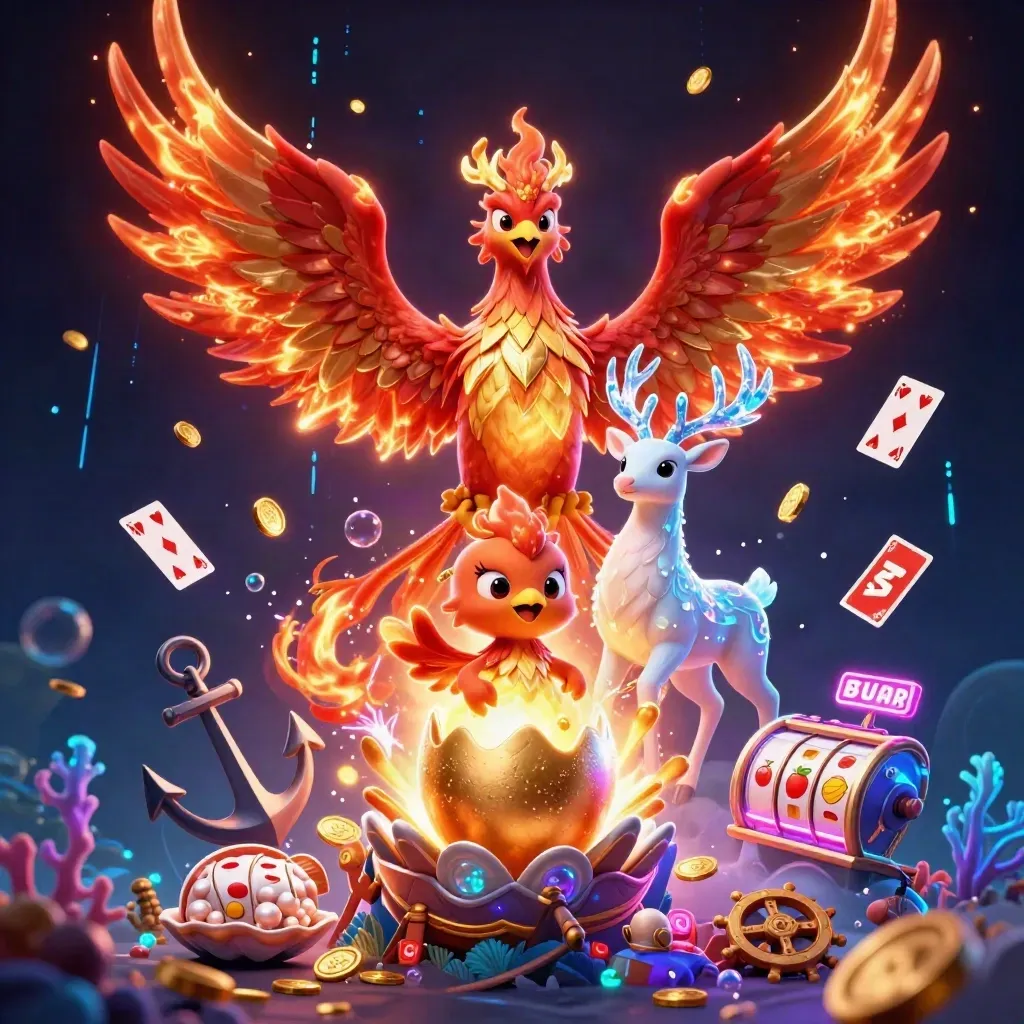 Fire phoenix, baby phoenix, and crystal stag in a neon treasure cove with casino effects.