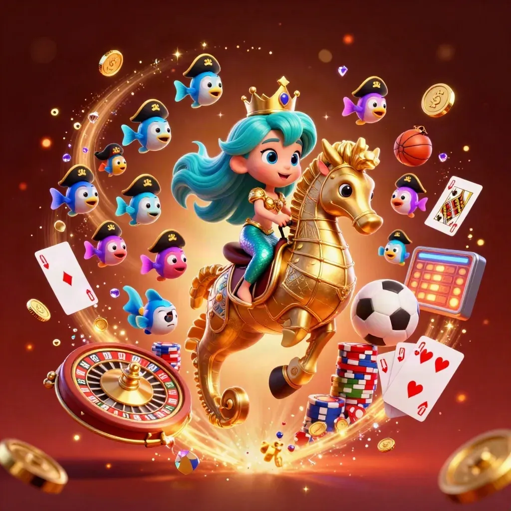 Mermaid princess on a golden seahorse amid pirate fish, coins, chips, and casino props
