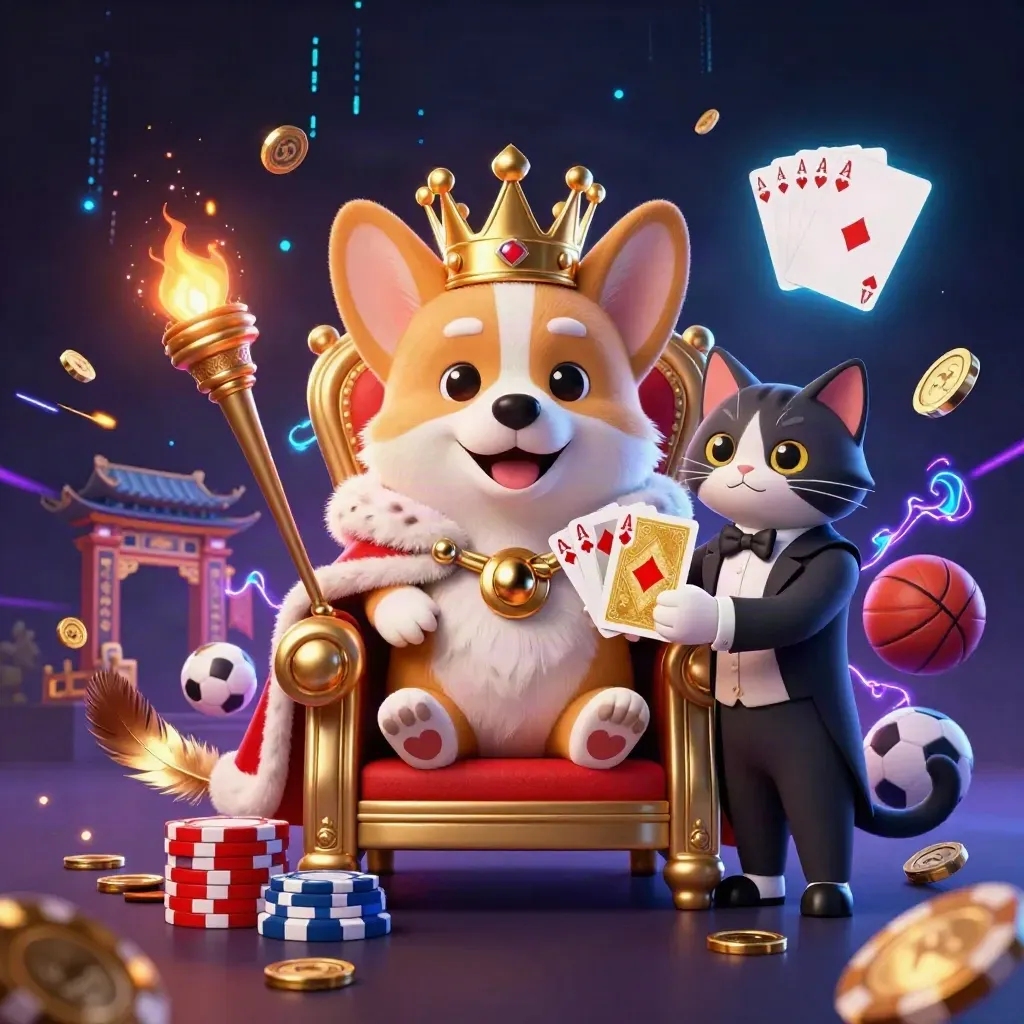 Royal corgi king and cat butler amid casino gold, neon sparks, temple gate, and sports props