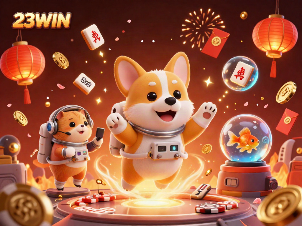 Experience excitement at 23WIN casino with a playful astronaut corgi amidst floating poker chips and vibrant game elements.