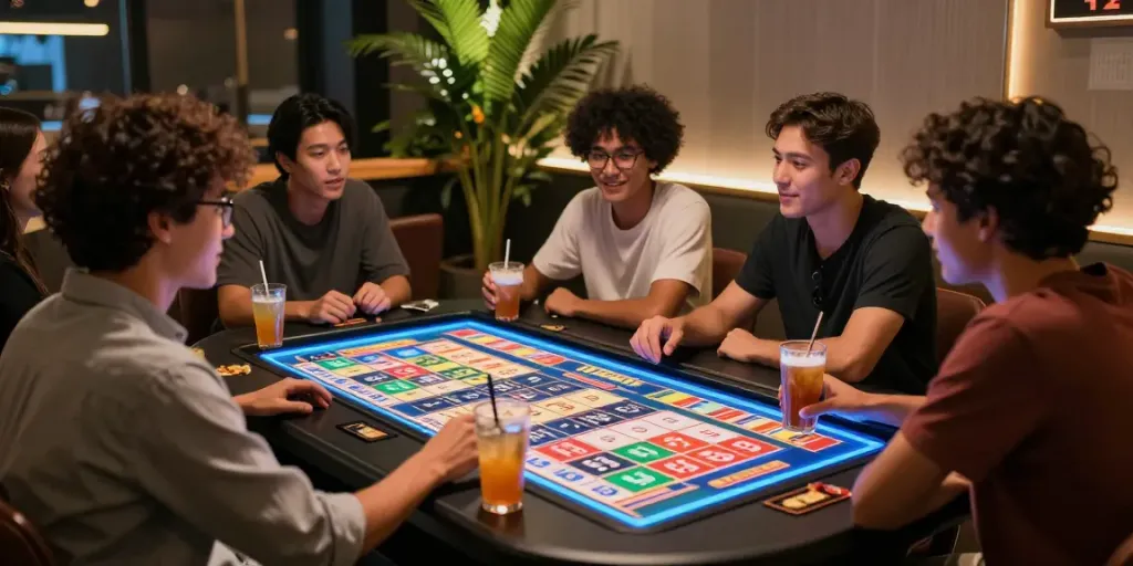 Group enjoying a lively gaming experience with toto togel elements in a modern room.