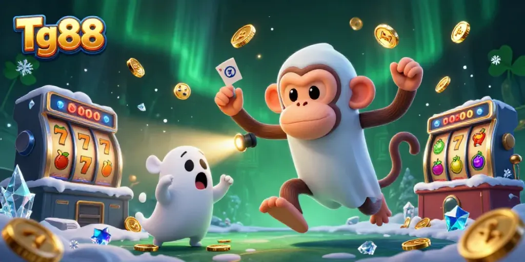 Engage with Tg88's thrilling haunted casino featuring a playful poltergeist monkey and golden jackpot elements.