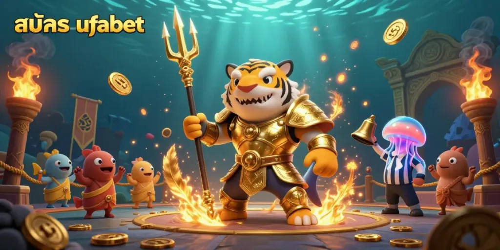 Engage in intense action with สมัคร ufabet inside a dynamic underwater gambling arena featuring a tiger shark and vibrant decorations.