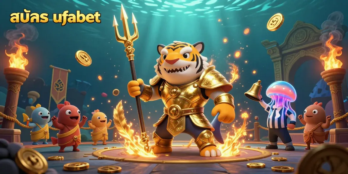 Engage in intense action with สมัคร ufabet inside a dynamic underwater gambling arena featuring a tiger shark and vibrant decorations.