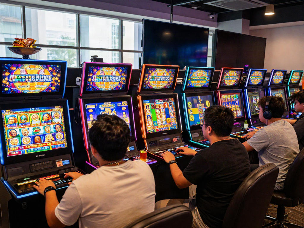 Players experiencing the fast-paced qqmacan gaming environment with modern slot machines and vibrant graphics.