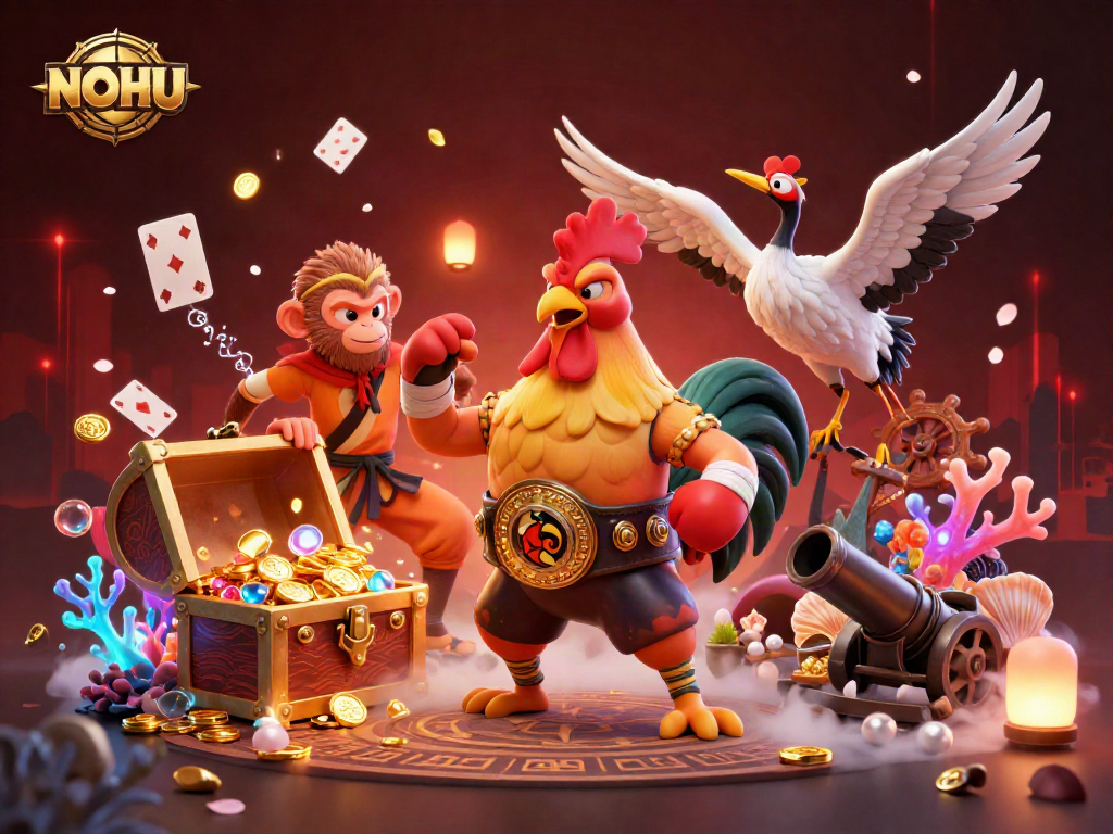 Experience the excitement of NOHU with vibrant 3D casino characters surrounded by treasures and gaming elements.