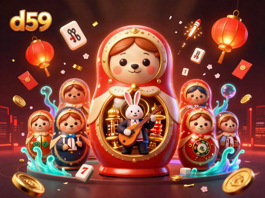 D59 casino illustration shows Matryoshka bear surrounded by dynamic slot machines and festive elements.