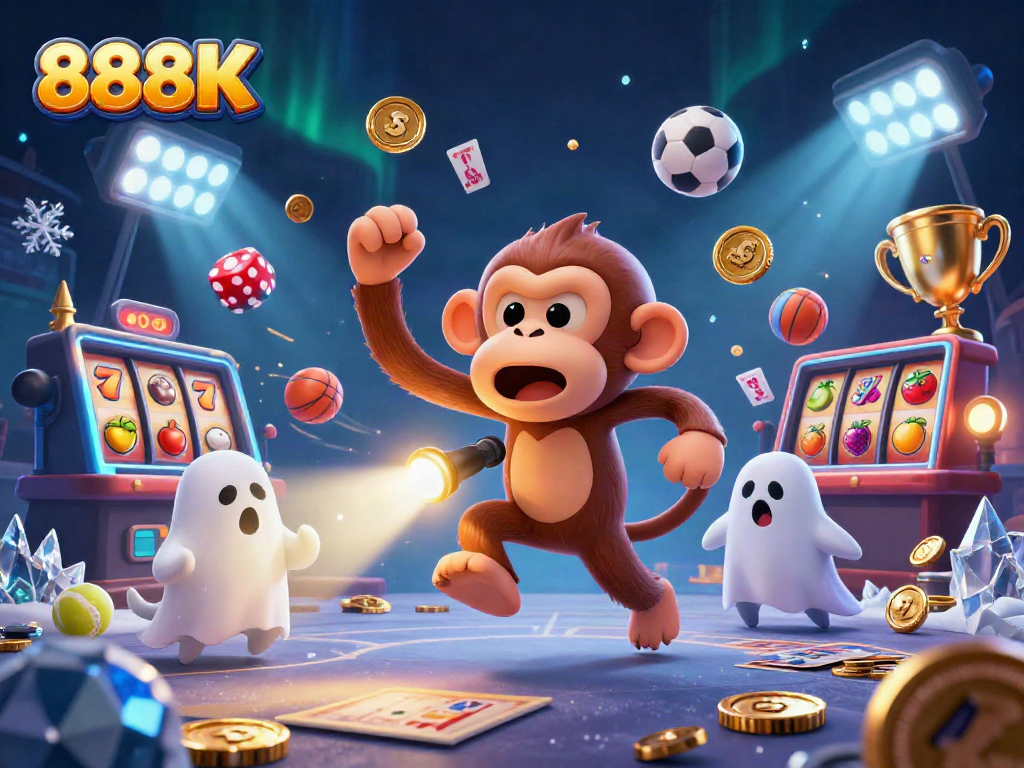 Engage with 888K's haunted casino scene, showcasing a playful monkey juggling golden treasures amidst ghostly thrills.