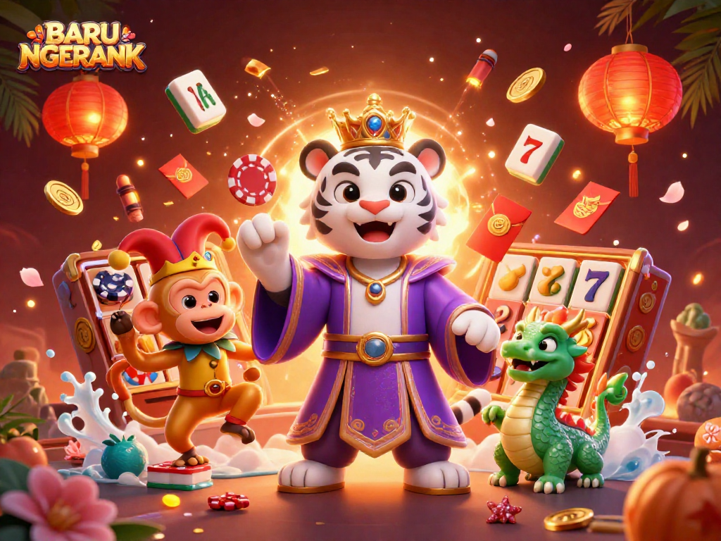 Experience the excitement of BARU NGERANK with vibrant slot reels and HD graphics in a lively casino scene.
