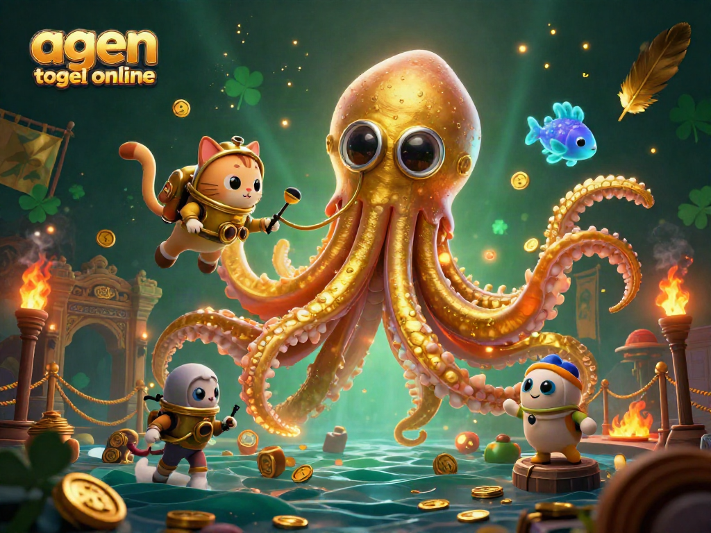 Experience the thrill of agen togel online with a dynamic illustration of a colossal kraken and a diving cat amidst treasure.