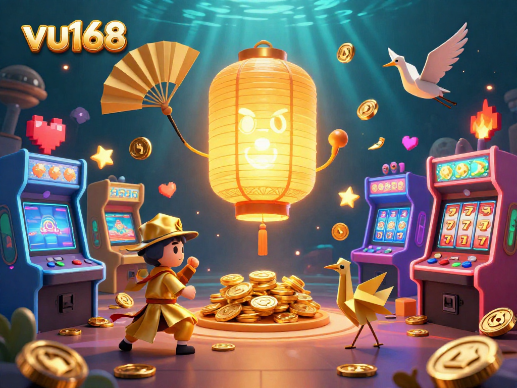 Engage in thrilling casino adventures with vu168's stunning 3D illustration showcasing dynamic golden characters and gaming elements.