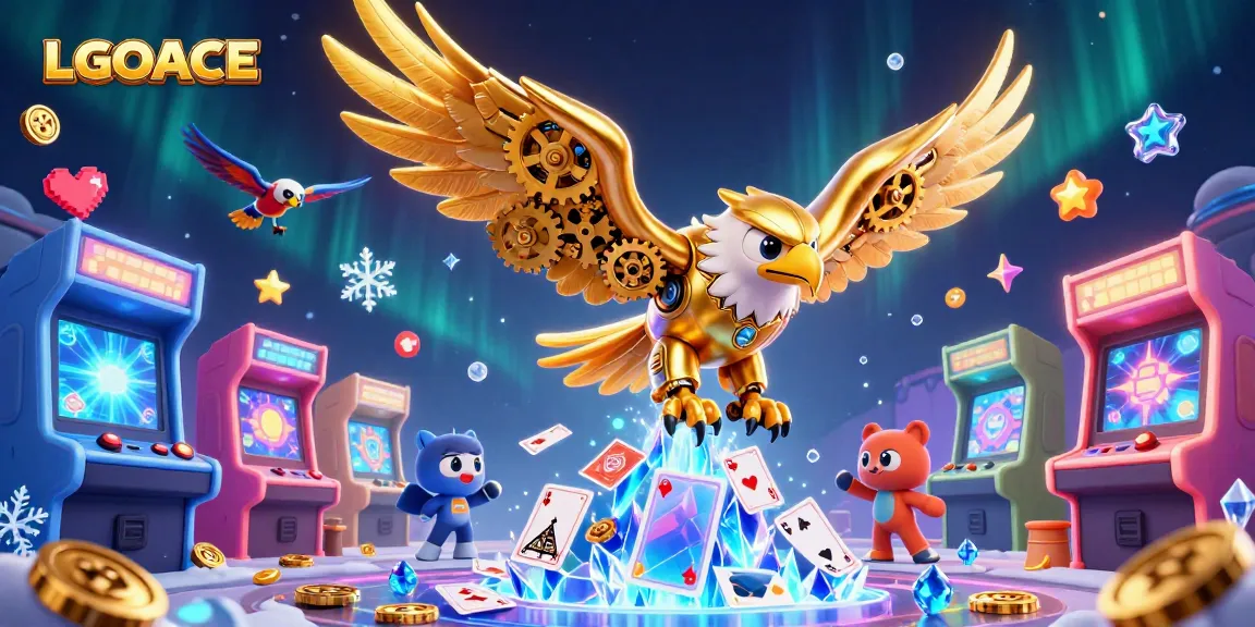 LGOACE showcases vibrant 3D casino action with a cybernetic eagle among holographic cards.