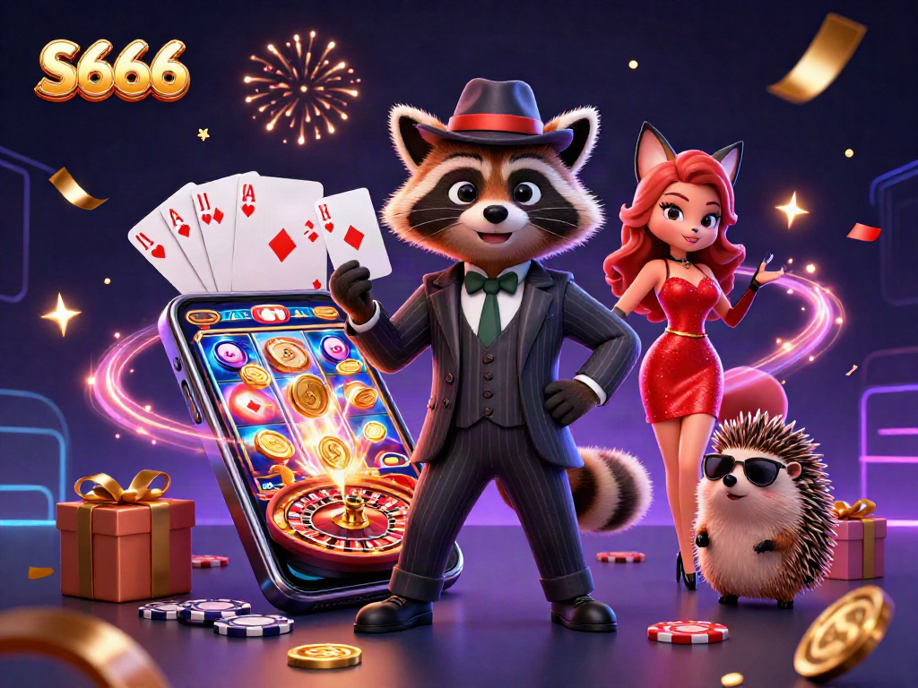 Experience the thrill of S666 casino gaming in this vibrant 3D illustration featuring a raccoon holding a royal flush.