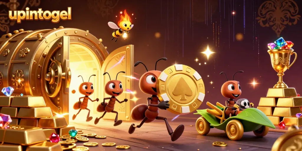 Ant tim 3D upintogel membawa chip poker emas besar sambil dikelilingi harta karun berkilau.