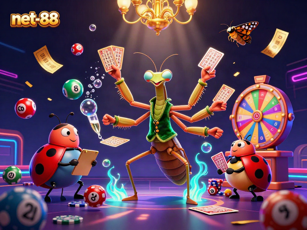 Experience thrilling moments at net-88 with a vibrant casino scene featuring dynamic lottery games and animated characters.