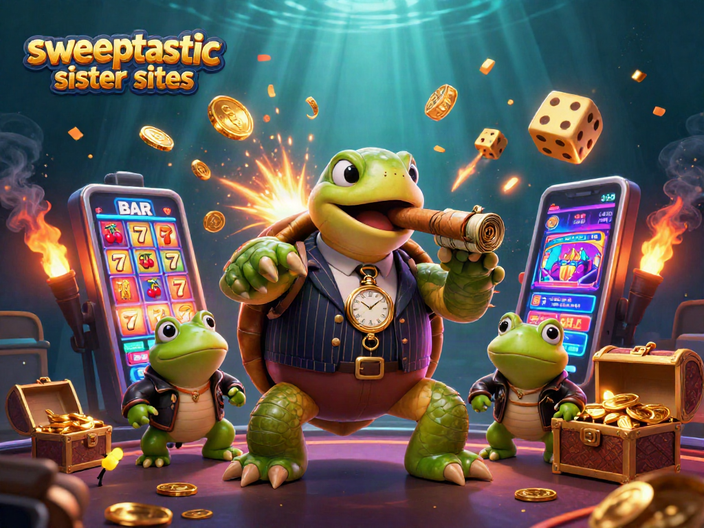 Engaging 3D scene showcasing sweeptastic sister sites with characters in a vibrant casino setting.