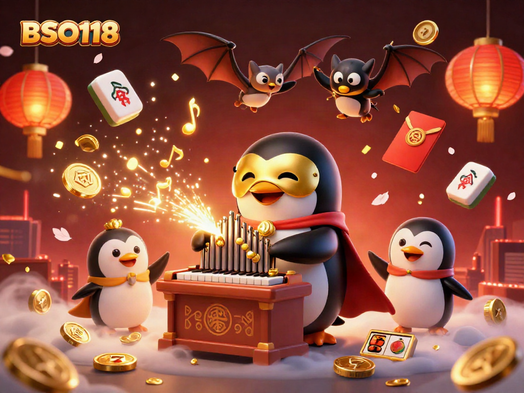 Experience the excitement of BSO118 as a phantom opera penguin plays a pipe organ shooting golden coins in a vibrant casino scene.